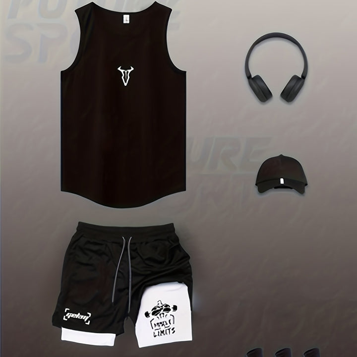 Vielseitiges Herren Workout-Set: Atmungsaktives Tanktop und Shorts für Gym und Sport.