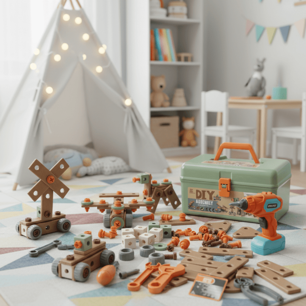 Detailaufnahme vom elektrischen Schrauber für Kinder, fördert Feinmotorik und Konstruktionsspiel.