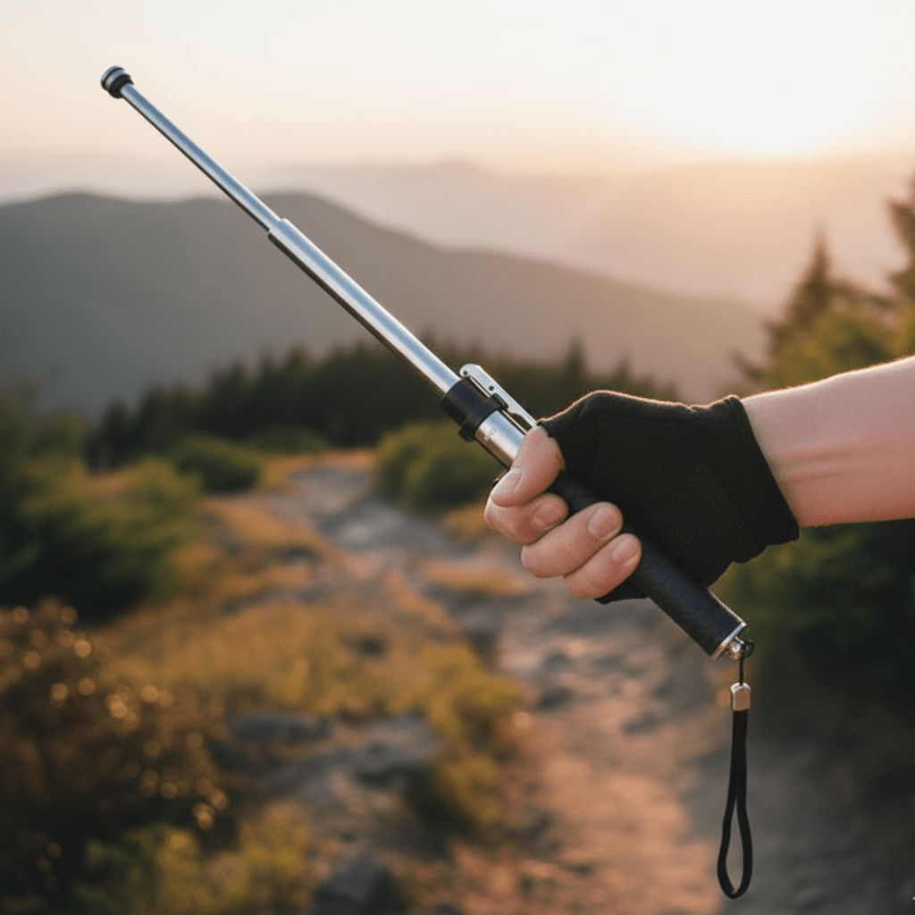 Automatischer Teleskop-Wanderstock mit Anti-Rutsch-Griff für sicheres Wandern im Outdoor-Bereich.