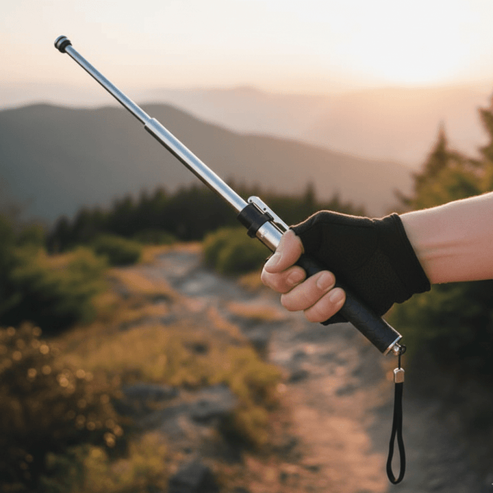 Automatischer Teleskop-Wanderstock mit Anti-Rutsch-Griff für sicheres Wandern im Outdoor-Bereich.