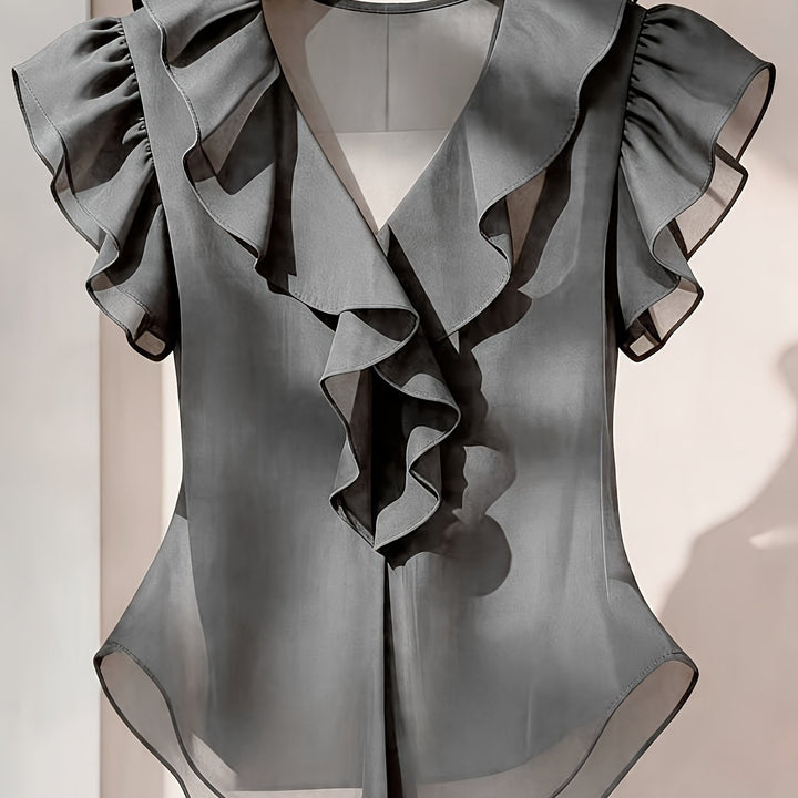 Business-elegante Damen Rüschenbluse, V-Ausschnitt, Volantärmel, vielseitig.