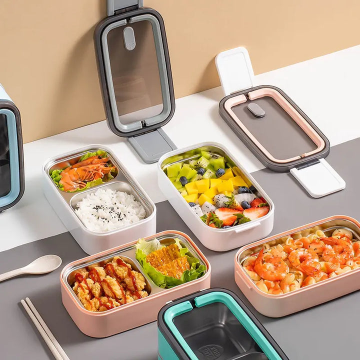 MealMate 2-lagige Edelstahl Lunchbox, perfekt für organisiertes Mittagessen in Schule, Büro oder Outdoor-Abenteuer.