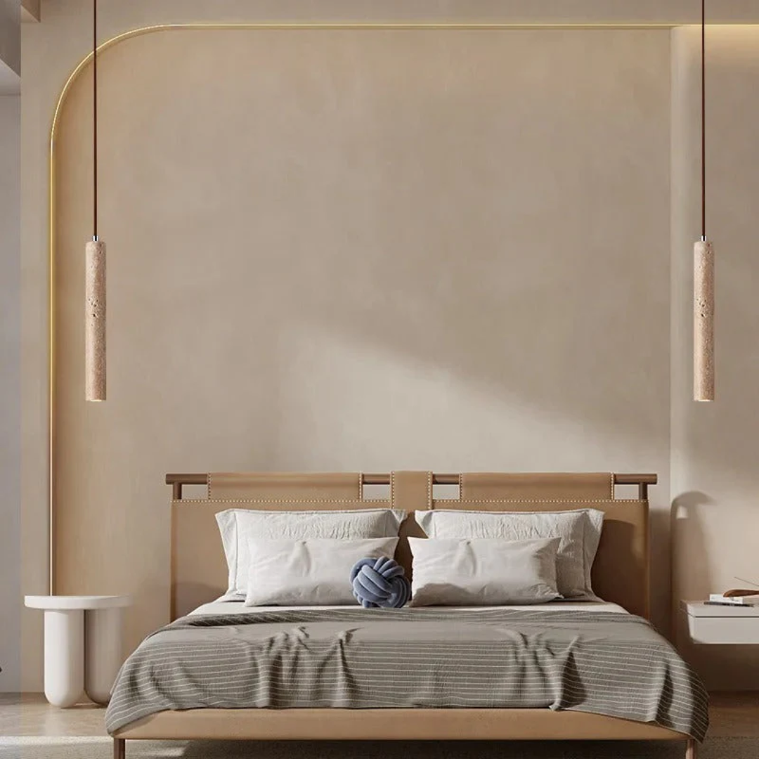 Wabi-Sabi Designlampe: Minimalistischer LED Kronleuchter aus Travertin für stilvolle Beleuchtung.