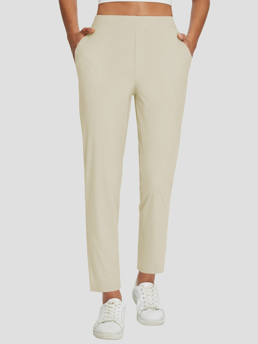 Damenhose aus Leinenstoff mit High-Rise Passform, UPF 50+ UV-Schutz, praktische Taschen für unterwegs.