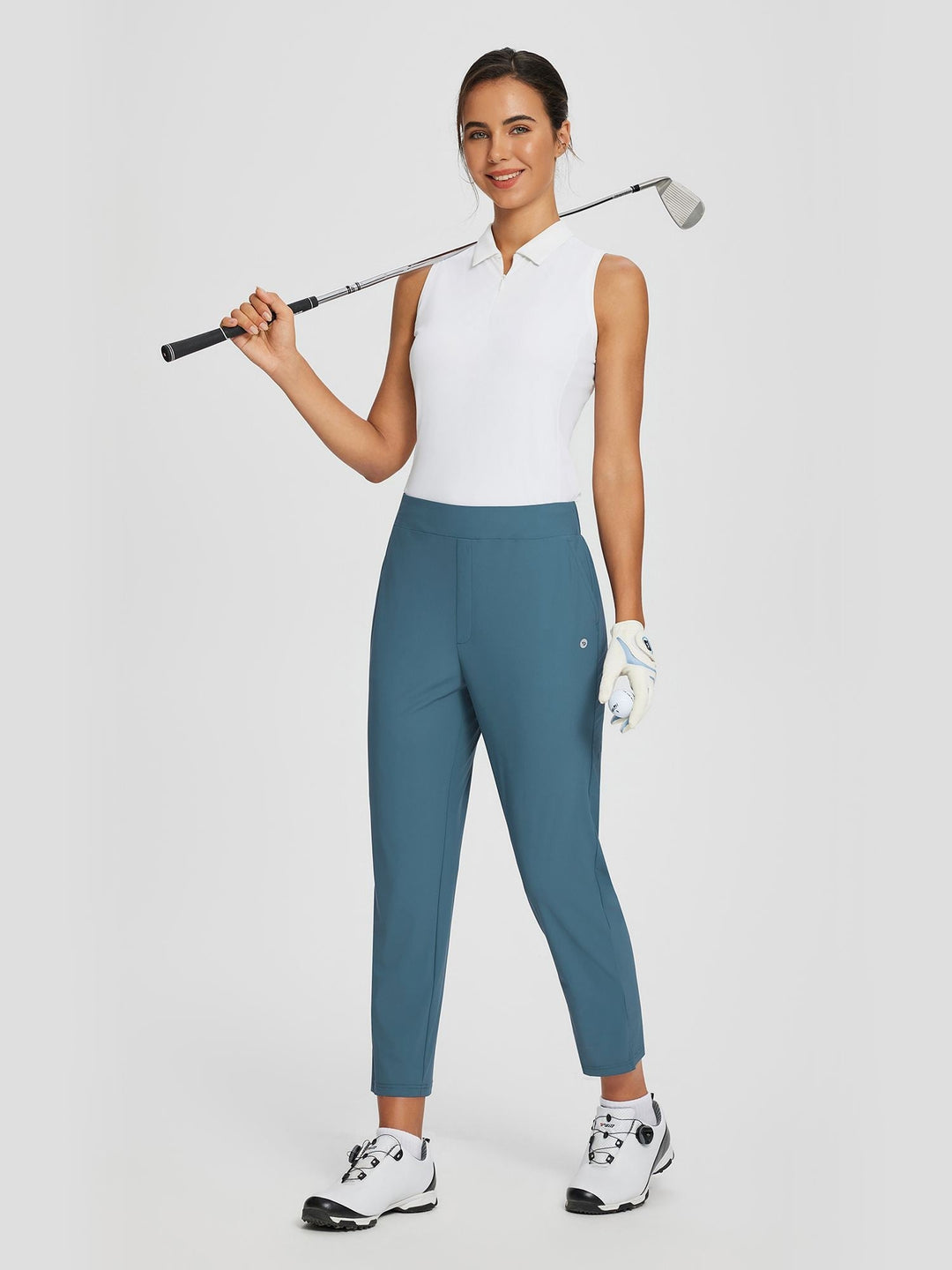Komfortable Damen Outdoorhose, Leinen, UPF 50+ UV-Schutz, hoher Bund & geräumige Cargotaschen, blau.