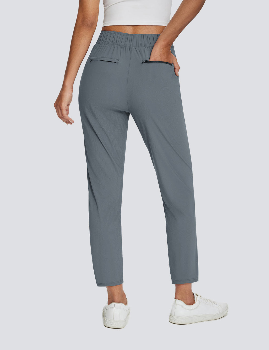 Elegante Damen Outdoorhose, Leinenstoff, hoher Bund, UPF 50+ Schutz, mit Cargotaschen, beige.