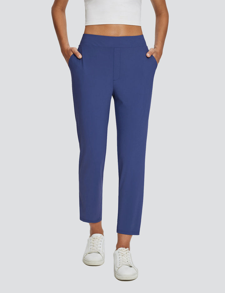 Komfortable Outdoor-Leinenhose für Damen, High-Rise, UPF 50+ Schutz, mit funktionalen Taschen, blau.