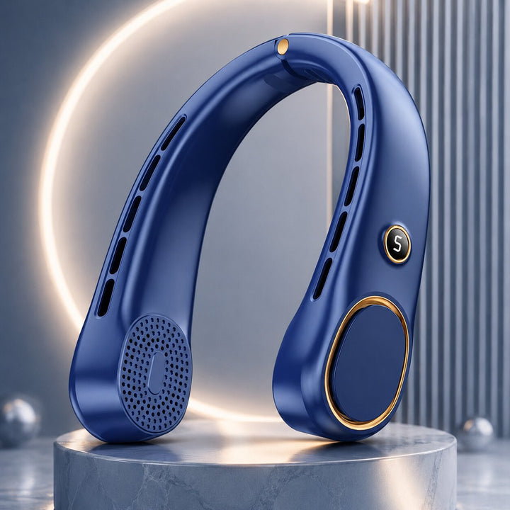 Ergonomischer Bladeless Nackenventilator für freihändige Kühlung, wiederaufladbar, ideal für Sport und Reisen.