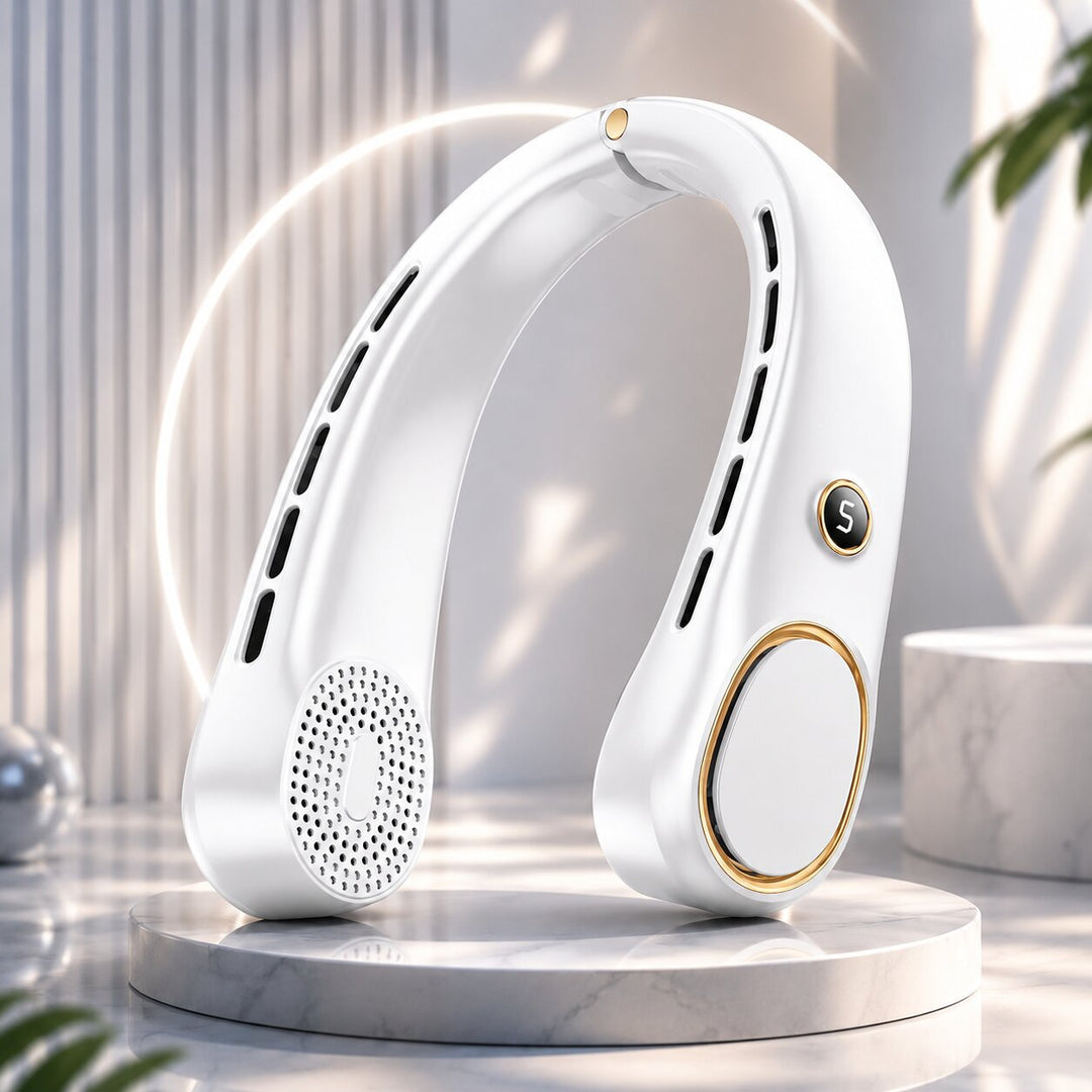 Kompakter Bladeless Nackenventilator für Outdoor-Aktivitäten; leistungsstarke, freihändige Kühlung unterwegs.