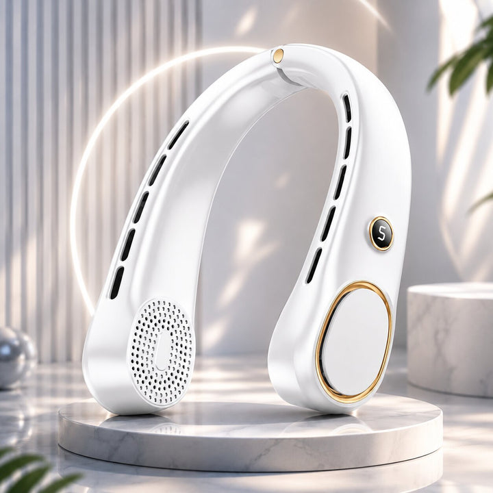 Kompakter Bladeless Nackenventilator für Outdoor-Aktivitäten; leistungsstarke, freihändige Kühlung unterwegs.
