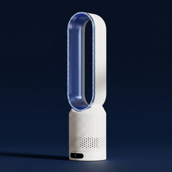 Detailansicht des LED-Touch-Panels am blattlosen Tischventilator, für einfache Bedienung.