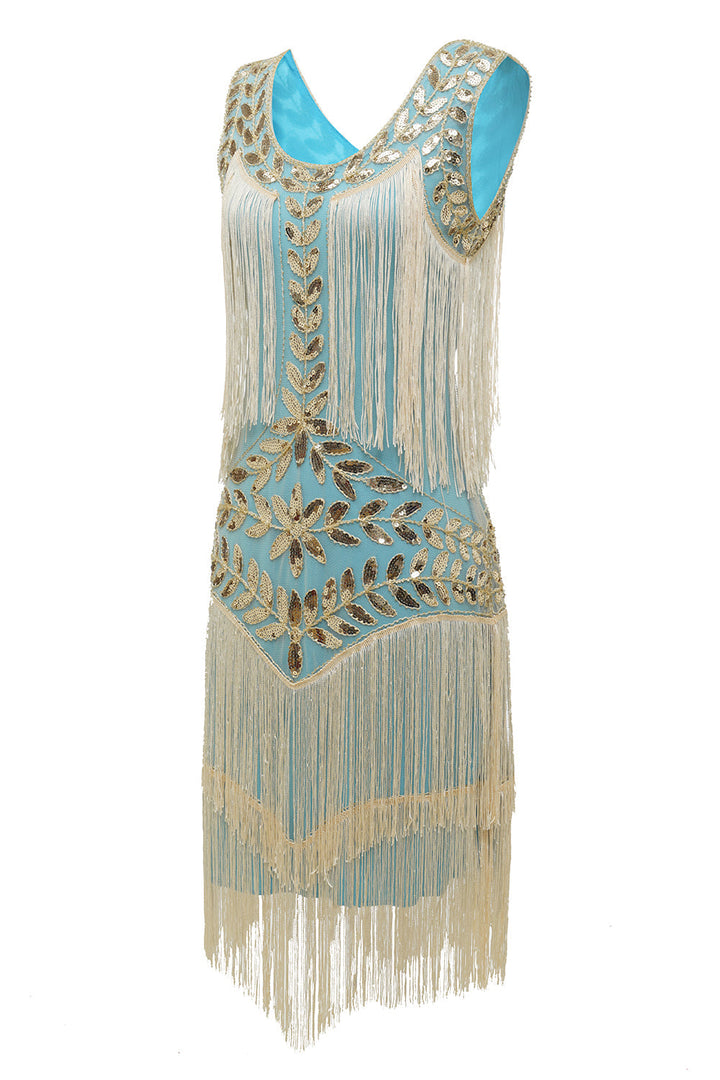 Exklusives Damen Abendkleid im 20er Jahre Stil, mit aufwendigen Pailletten & eleganten Fransen-Details.