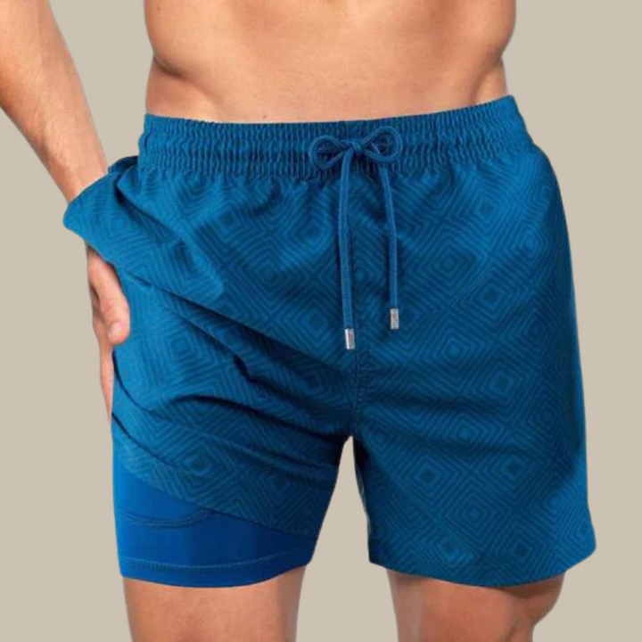 Marineblaue Herren Badehose, schnelltrocknendes Material, mit diskreter Handytasche für Bademode.