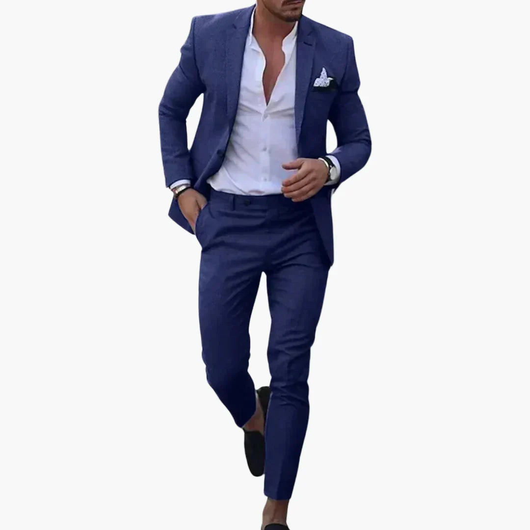 Herren Slim Fit Sommeranzug in elegantem Blau, perfekt für Business & Freizeit.