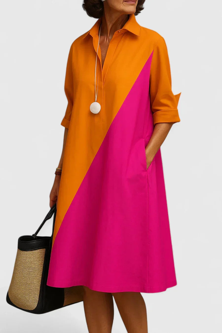 Elegantes, farbenfrohes Damen Midi-Kleid in Orange-Pink. Vielseitig für Frühling & Sommer, perfekt für jeden Anlass.