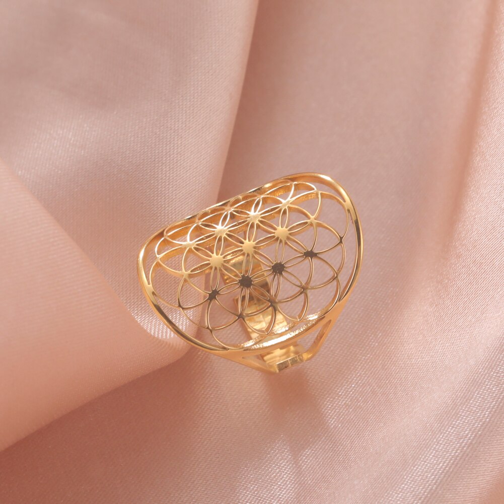 Unisex Blume des Lebens Ring, verstellbar, spirituelles Symbol für Harmonie und Balance aus Edelstahl.