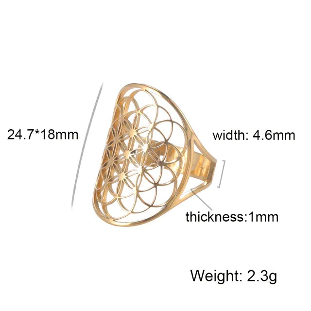 Moderner spiritueller Schmuck: Unisex Ring mit Blume des Lebens Motiv, verstellbar, in Silber-Optik.