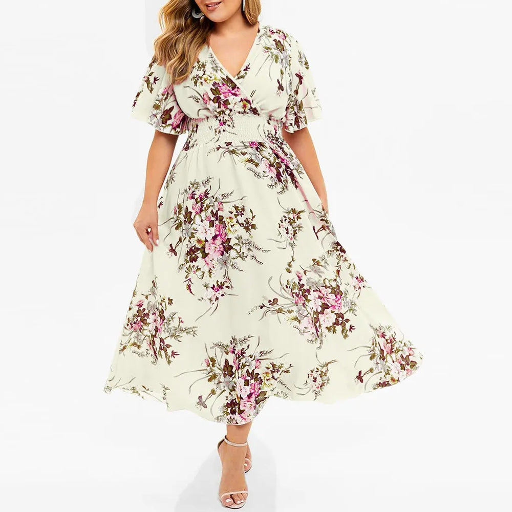 Elegantes Damen Blumen Maxikleid in Übergröße, langarm, fließender Stoff.