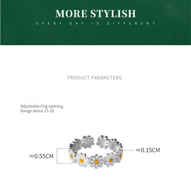 Edler Damen-Gänseblümchen-Ring aus 925er Sterlingsilber, verstellbar. Filigraner Blumenring-Schmuck.