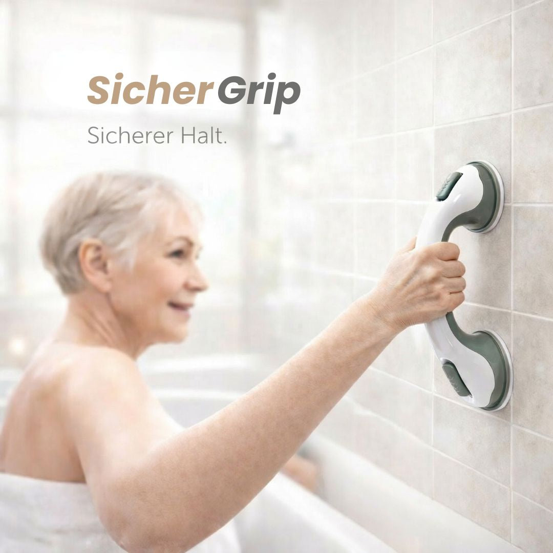 Haltegriff für Dusche & Badewanne mit Saugnapf. Barrierefreie Mobilitätshilfe und Sicherheit für Senioren im Bad.