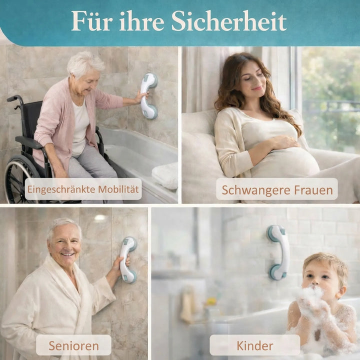 Stabiler Sicherheits-Haltegriff für Badezimmer ohne Bohren. Saugnapf-Griff für Dusche, Badewanne, Senioren.