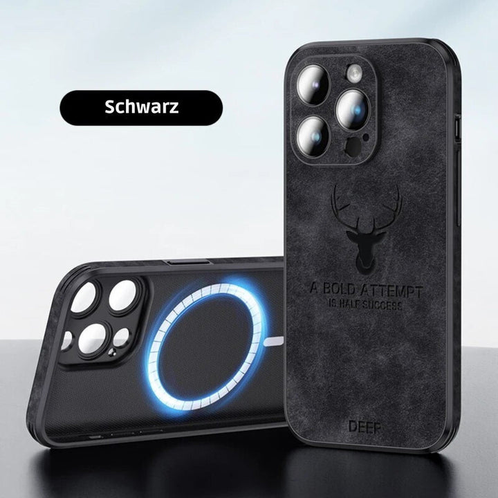 Vorderansicht der blauen iPhone Schutzhülle in Lederoptik, MagSafe, Stoßschutz, minimalistisch.