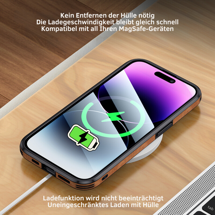Nahaufnahme: Stoßschutz der schwarzen iPhone Hülle in Lederoptik, MagSafe-kompatibel.