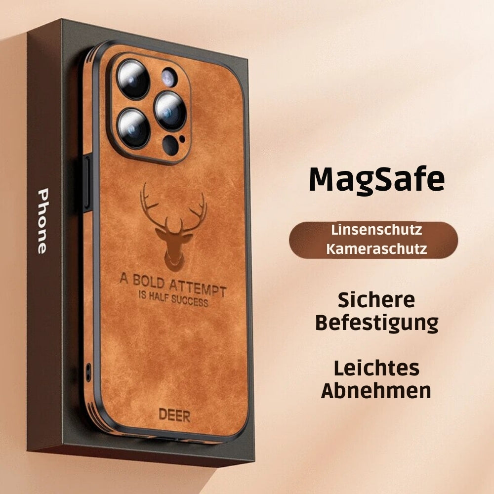 Modernes iPhone Zubehör: braunes Lederoptik Case mit MagSafe und effektivem Stoßschutz.