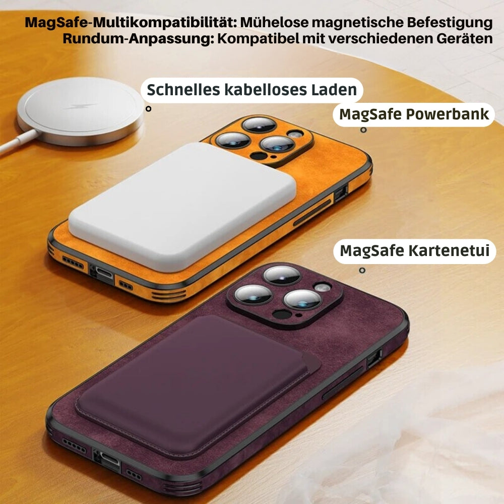 Schlankes, elegantes blaues iPhone Case in Lederoptik, mit MagSafe und umfassendem Stoßschutz.