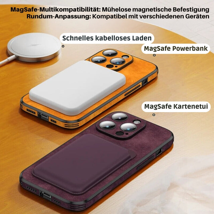 Schlankes, elegantes blaues iPhone Case in Lederoptik, mit MagSafe und umfassendem Stoßschutz.