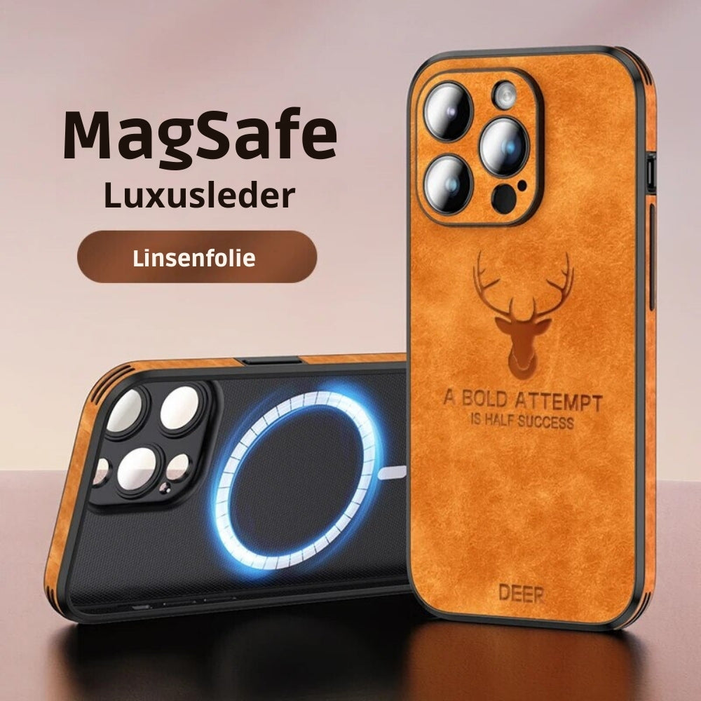 Grüne iPhone Schutzhülle im Leder-Design, MagSafe-fähig, bietet starken Aufprallschutz.