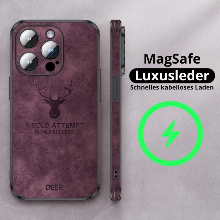 iPhone Handyhülle (schwarz) in Lederoptik, schlankes Profil, MagSafe-kompatibel, optimaler Stoßschutz.