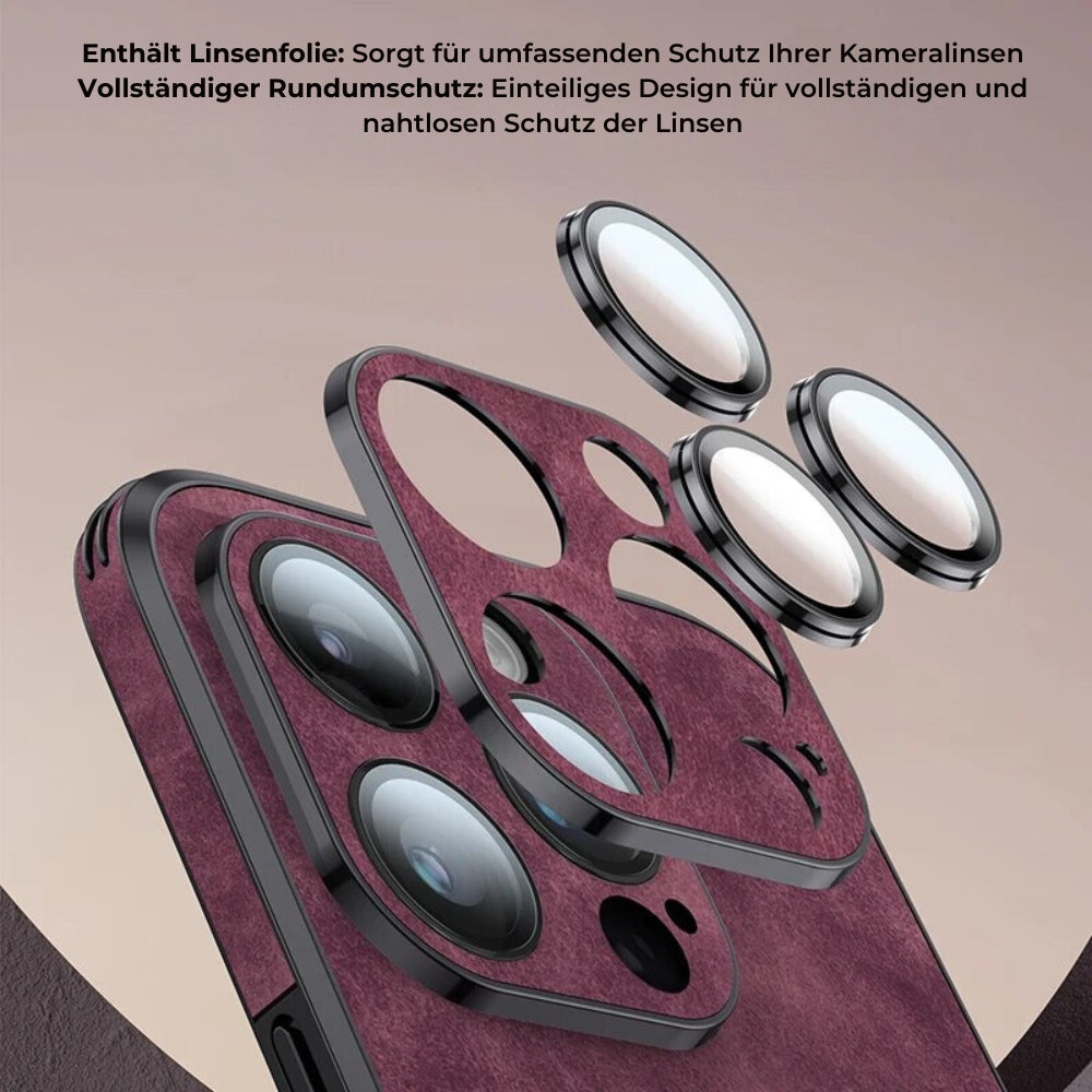 Exklusive braune iPhone Hülle aus Lederoptik mit MagSafe-Funktion und stoßfestem Rahmen.