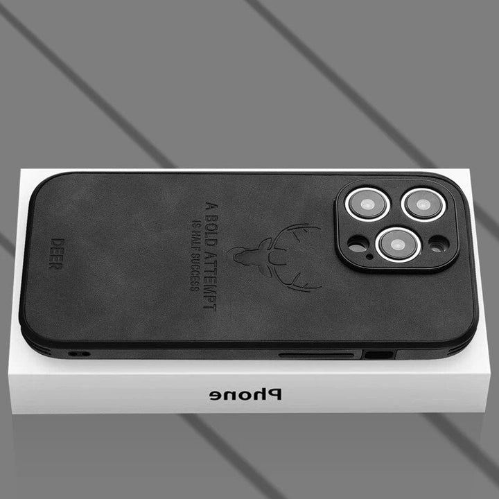 Mitternachtsschwarze iPhone Hülle, Lederoptik, MagSafe, schlank, robust, mit verstärktem Stoßschutz.