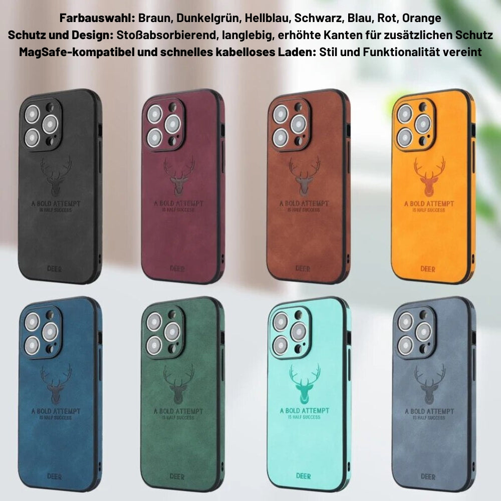 Braune iPhone Telefonhülle mit Lederoptik, MagSafe-Support, schlankes Design, Schutz vor Stößen.