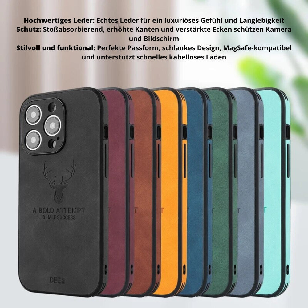 Blaue iPhone Hülle, Lederoptik, MagSafe-kompatibel, minimalistisch, mit effektivem Stoßschutz.
