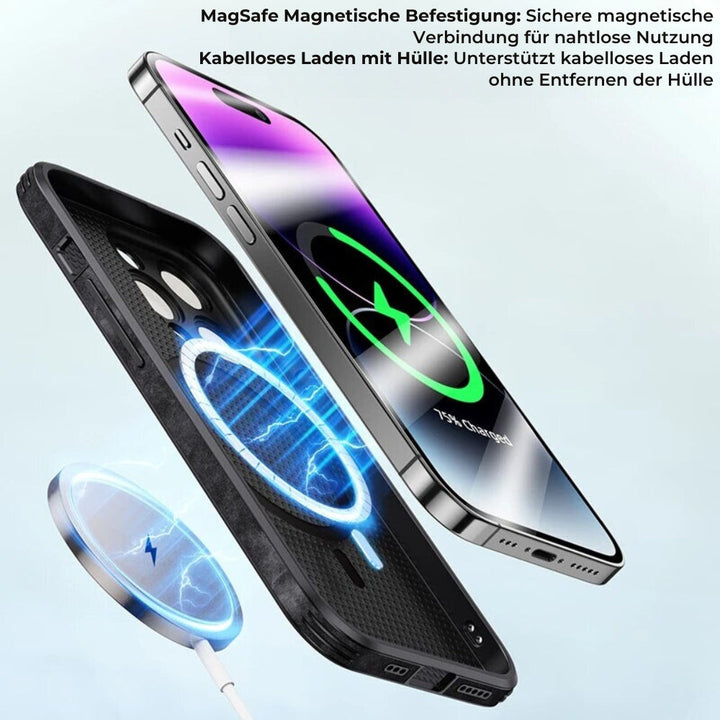 Grüne Schutzhülle für iPhone, Lederoptik, MagSafe, schlankes Profil, stoßdämpfende Eigenschaften.