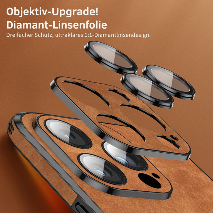 Grüne iPhone Telefonhülle in Lederoptik, minimalistisch, stoßfest, MagSafe-Halt, perfektes Zubehör.