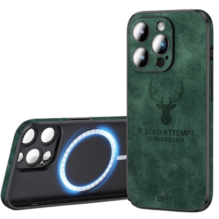 Grünes iPhone Lederoptik Case, MagSafe-kompatibel, schlankes Design, maximaler Stoßschutz.