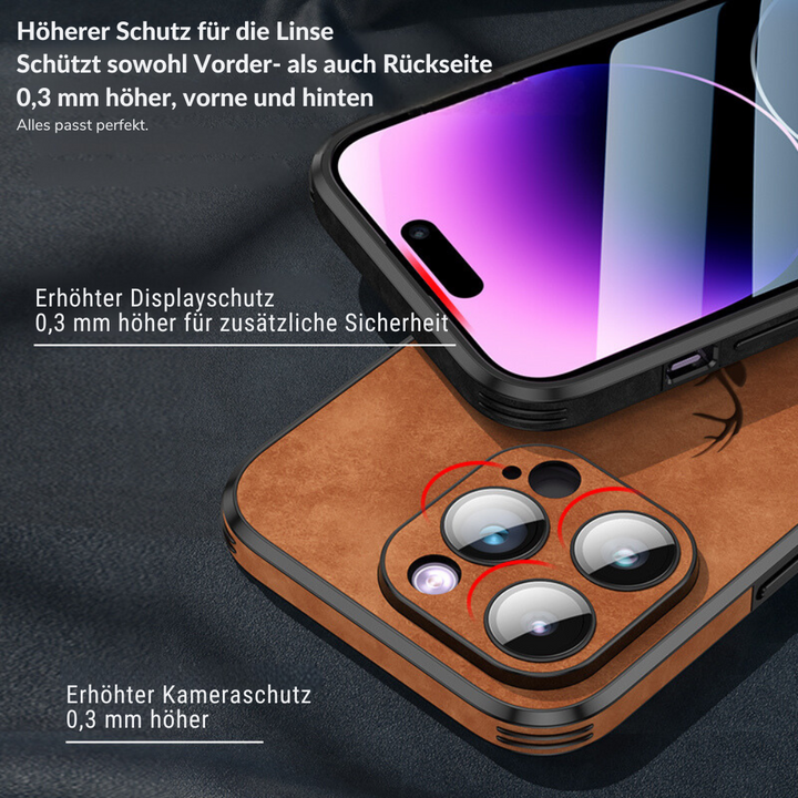 Grüne Handyhülle für iPhone, stilvolle Lederoptik, schlank, mit MagSafe und zuverlässigem Stoßschutz.
