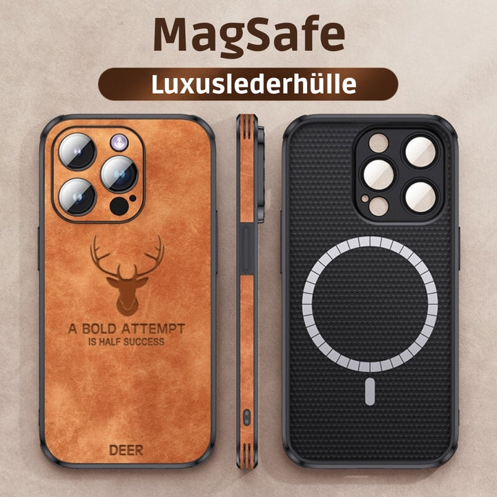 iPhone Case in Lederoptik (braun) mit MagSafe-Halt und stoßdämpfenden Kanten, schlank und elegant.
