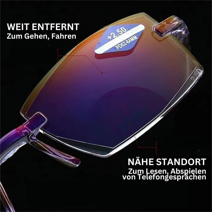 Detailaufnahme der Unisex Blaulichtfilter Brille mit modernen multifokalen Gläsern für klare Sicht.