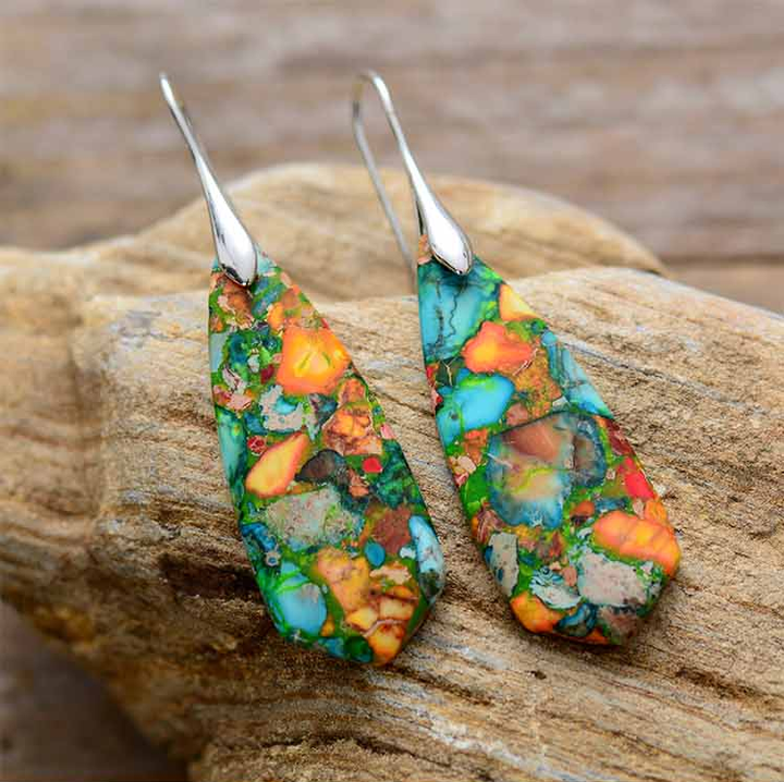 Heilschmuck: Farbige Imperial Jaspis Damenohrringe. Einzigartige Tropfenohrringe aus Naturstein.