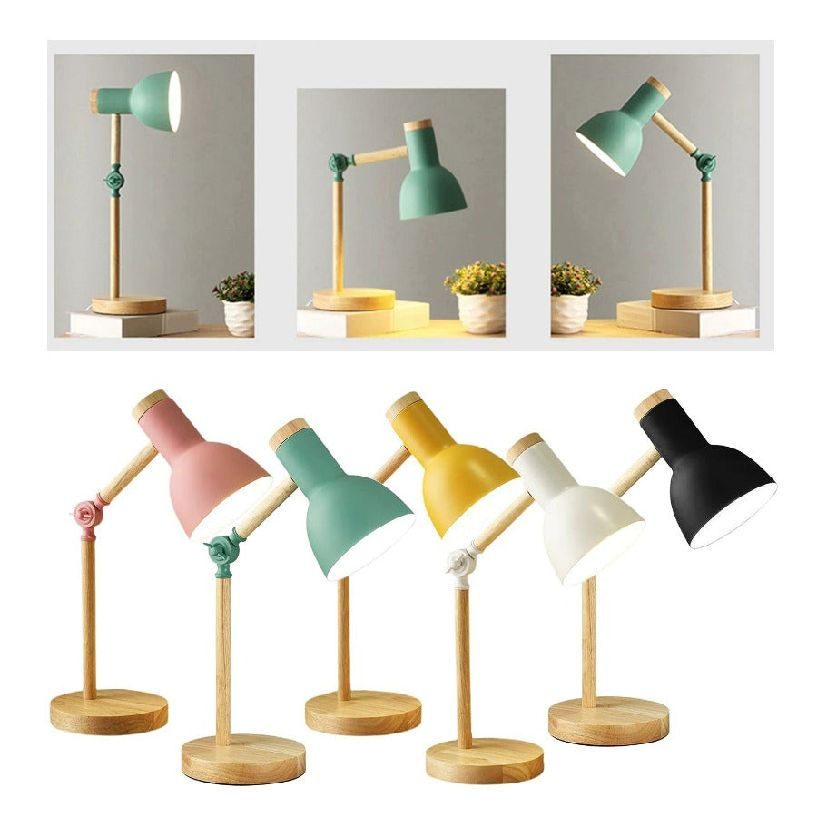 Moderne skandinavische Holztischlampe mit schwarzem Metallschirm, ideal als Leselampe auf dem Schreibtisch.
