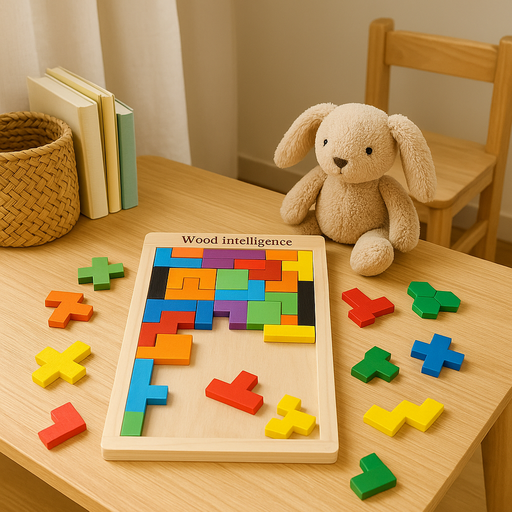 Kindgerechtes Holzpuzzle, buntes 3D Tangram zur Förderung von Motorik & Gehirntraining für spielerisches Lernen.