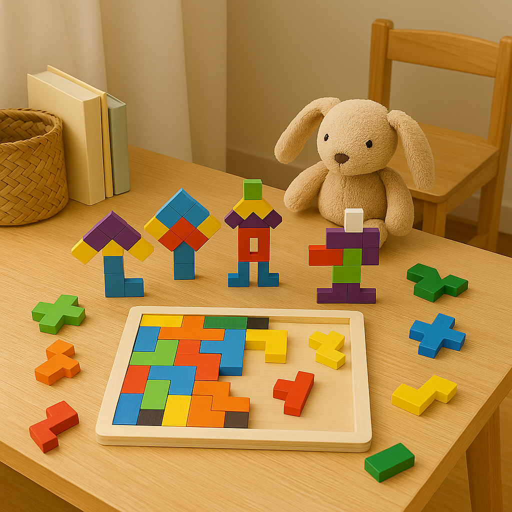 Farbenfrohes 3D Tangram Holzpuzzle, Logikspiel & STEM-Spielzeug für Kinder, entwickelt räumliches Denken & Formenkenntnis.