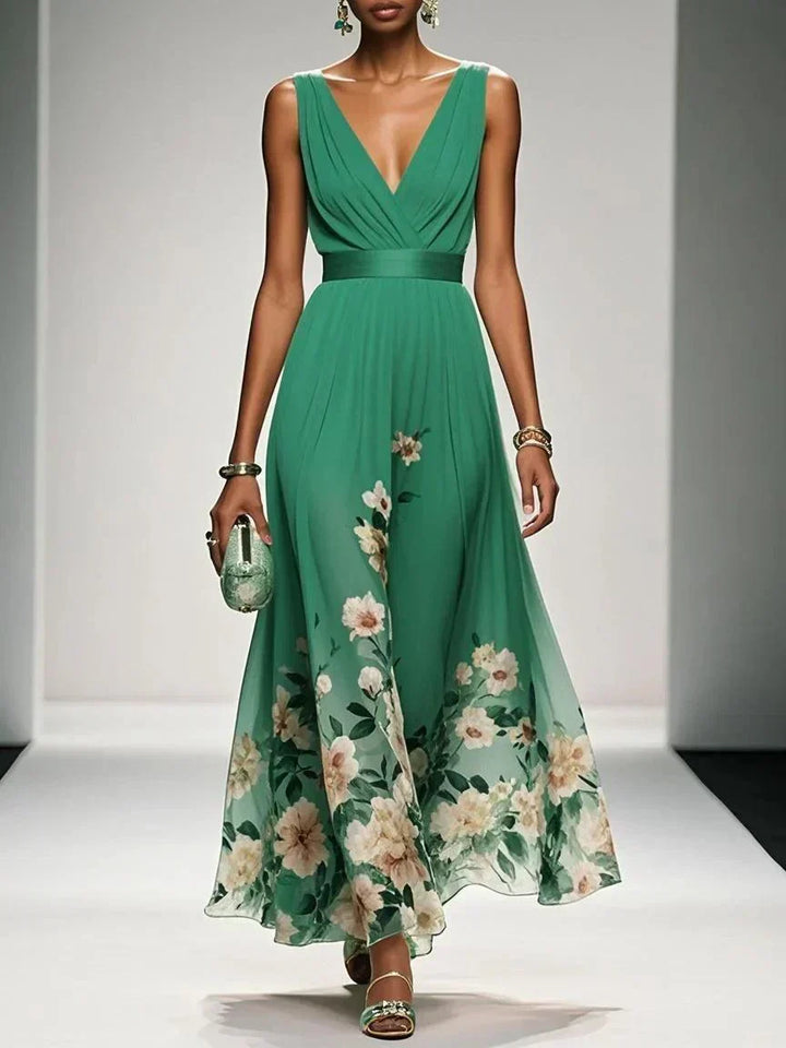 Langes, elegantes Damen Maxikleid mit Blumenmuster. Eine A-Linie, ideal für Festtage, Urlaub & Damenmode.