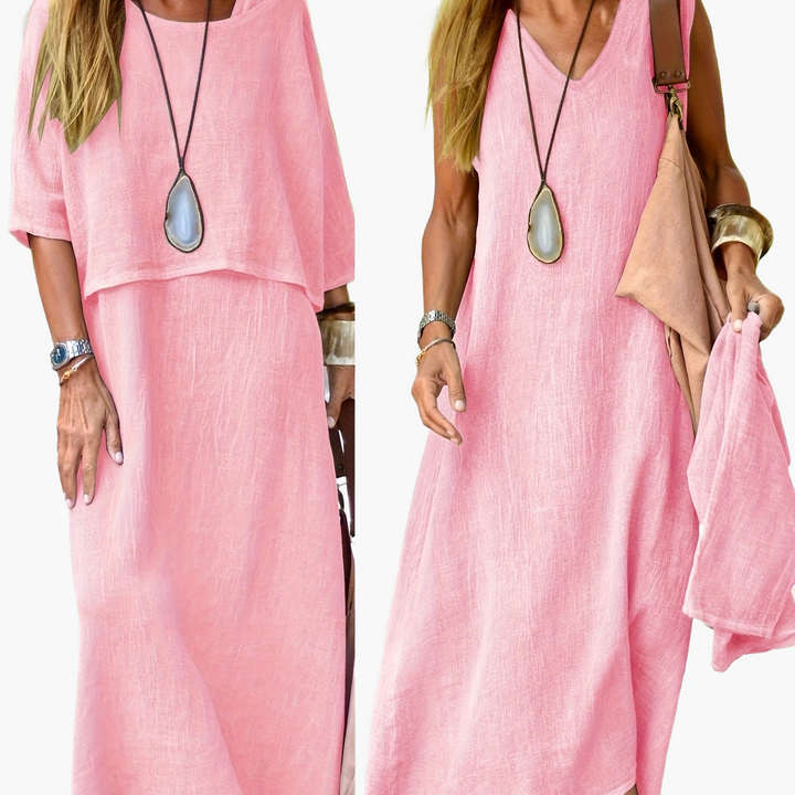 Elegantes Damen Boho Set, zweiteilig, langes Sommerkleid, vielseitig für Strand & Alltag.