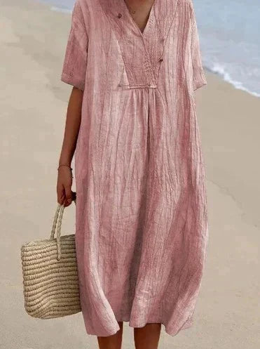 Damen Baumwoll-Leinen Sommerkleid Aria. Leichtes A-Linien Kleid mit V-Ausschnitt & Kurzarm für den Sommer.