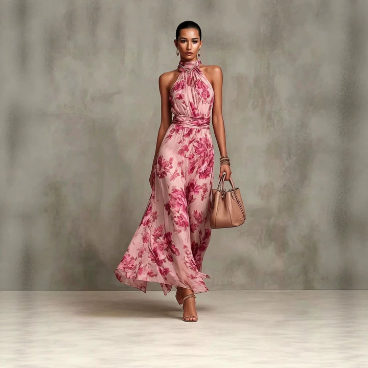 Fließendes bedrucktes Damen Maxikleid mit Neckholder, perfekt als leichtes Sommer- & Strandkleid.
